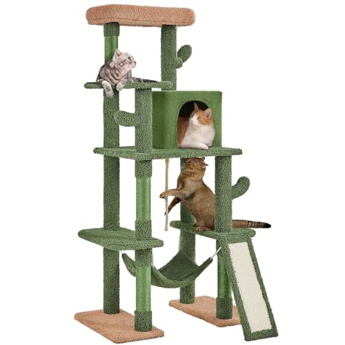 Yaheetech Cactus Cat Tree, 63″ H Multi-Level Cat Tower for Indoor Cats, Cat Climbing Tower Tall Cat Tree with Sisal-Covered Scratching Posts & Condo & Hammock, Cat Furniture Activity Center for Kitten