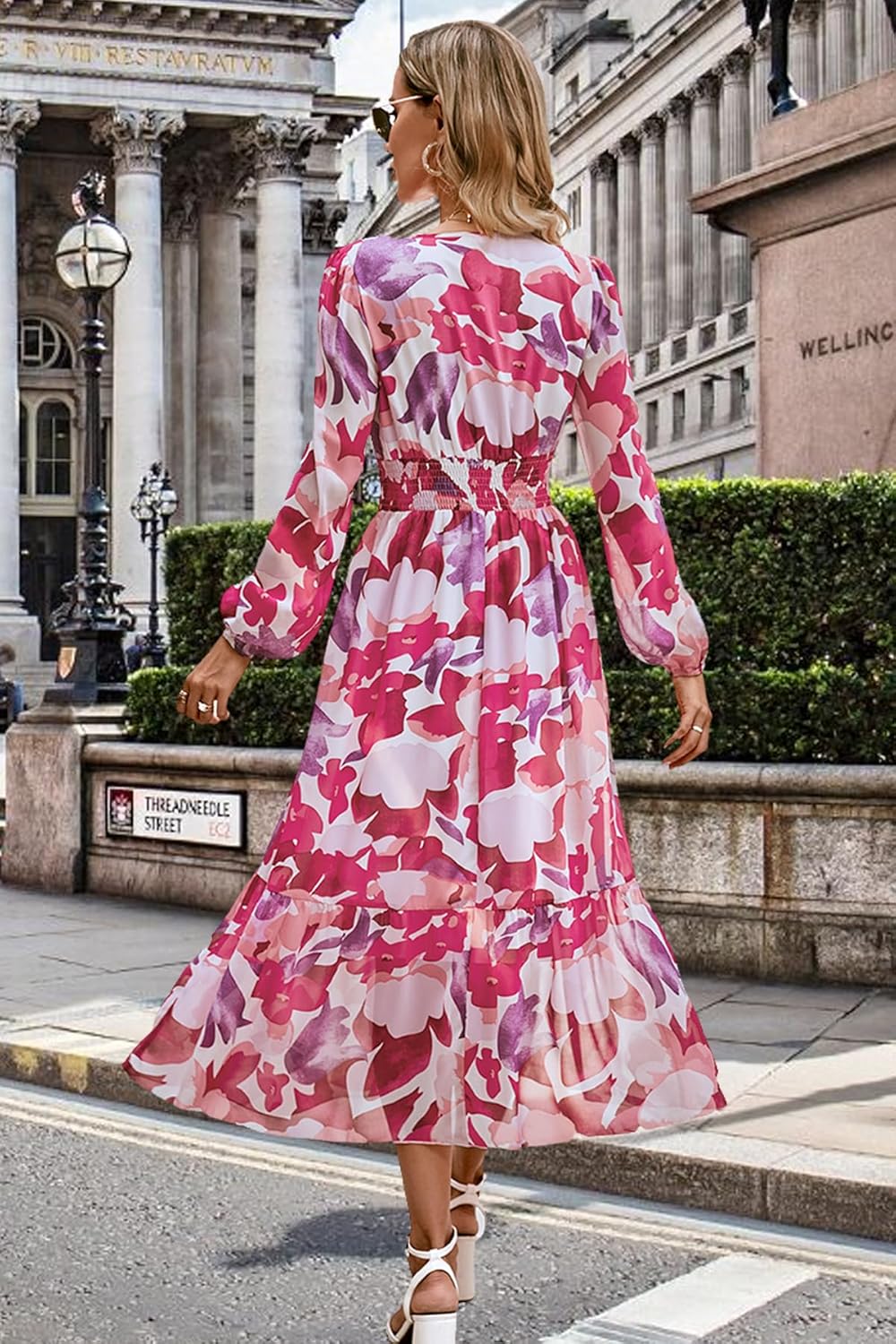 Women's V Neck Long Sleeve Wrap Maxi Dress A Line Empire Waist Fall Wedding Guest Party Casual Chiffon Dress Rose L