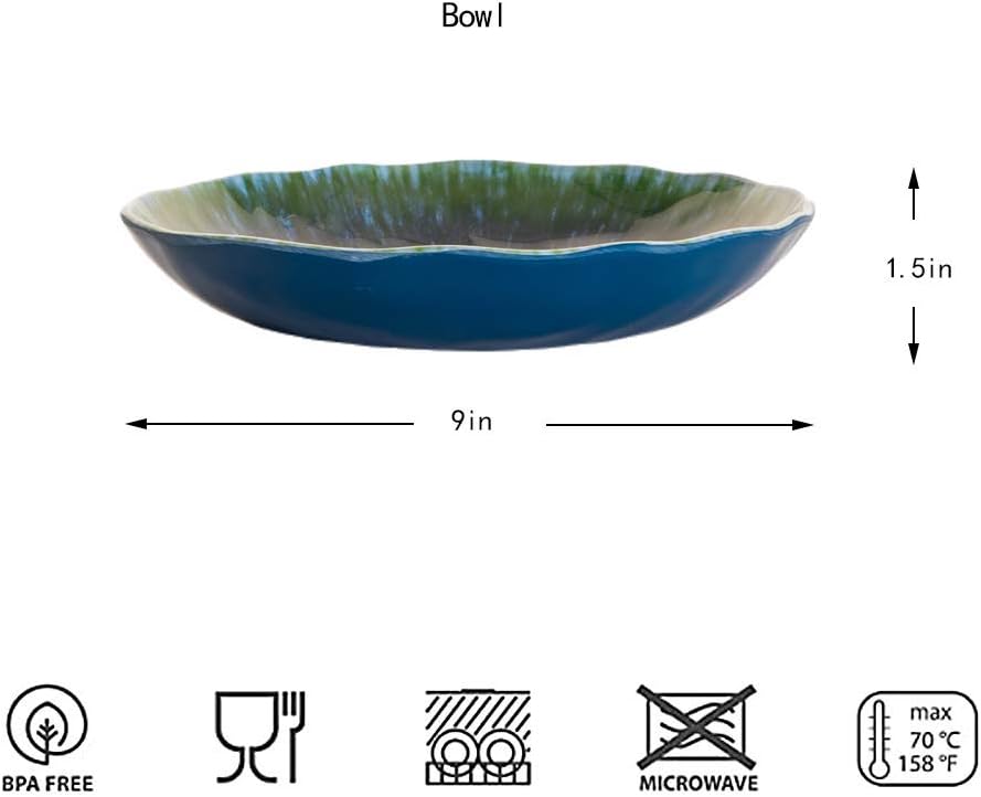 Melamine Pasta Bowls Large Salad Bowls Set 9 inch Sets of 6 pcs Soup Bowls Wide Shallow Flat Turquoise Teal Round Dinnerware Tableware Dishwasher Safe Not Microware Not Oven