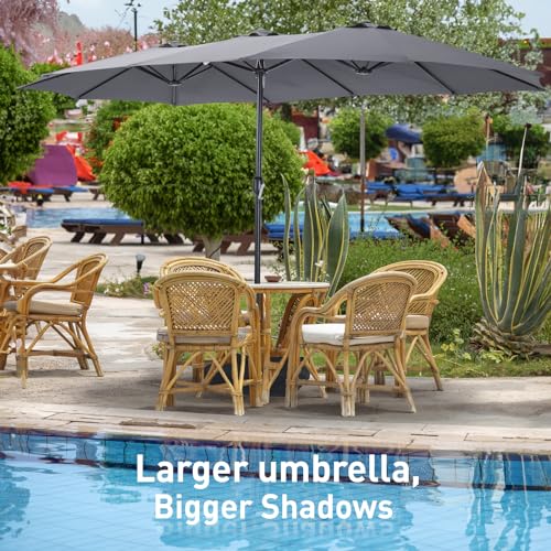 15ft Patio Umbrellas, Outdoor Market Extra Large Umbrella with Base, Rectangle Long Double-Sided Umbrella for Yard Lawn Garden,Grey