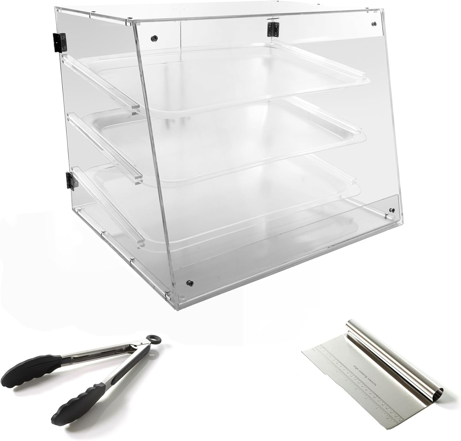 Pastry Display Case - 3-Tier Commercial Countertop Bakery Display Case - Pastry Display Case with Rear Door, includes Serving Tongs and Dough Scraper - Ideal for Baked Goods, Cookies, and Pastries