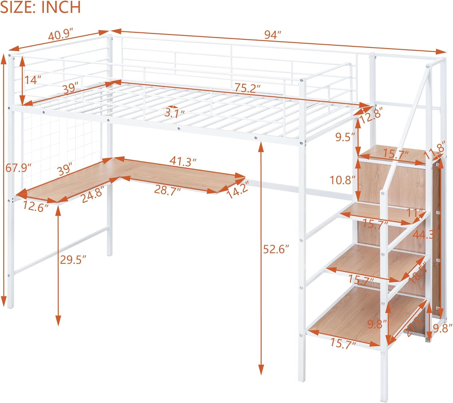 Twin Size Metal Loft Bed with Desk and Metal Grid, Stylish Metal Frame Bed with Lateral Storage Ladder and Wardrobe, White
