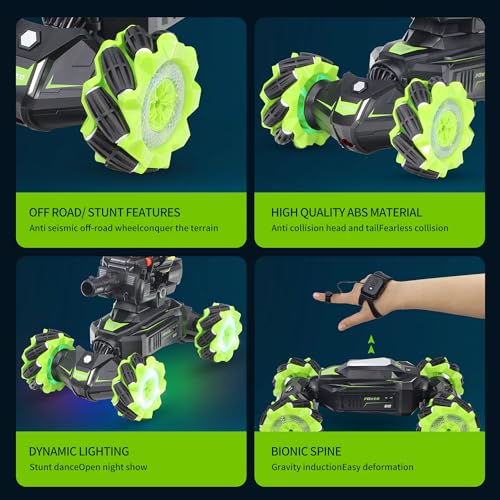 RC Car Shoot Nerf Bullet, Remote Control Hand Gesture Stunt Drift Truck, Hand Remote, 360°Rotating Battle Tanks with Soft Bullets Water Bomb, Spray, Music, Led, Toy Gifts（Green）…