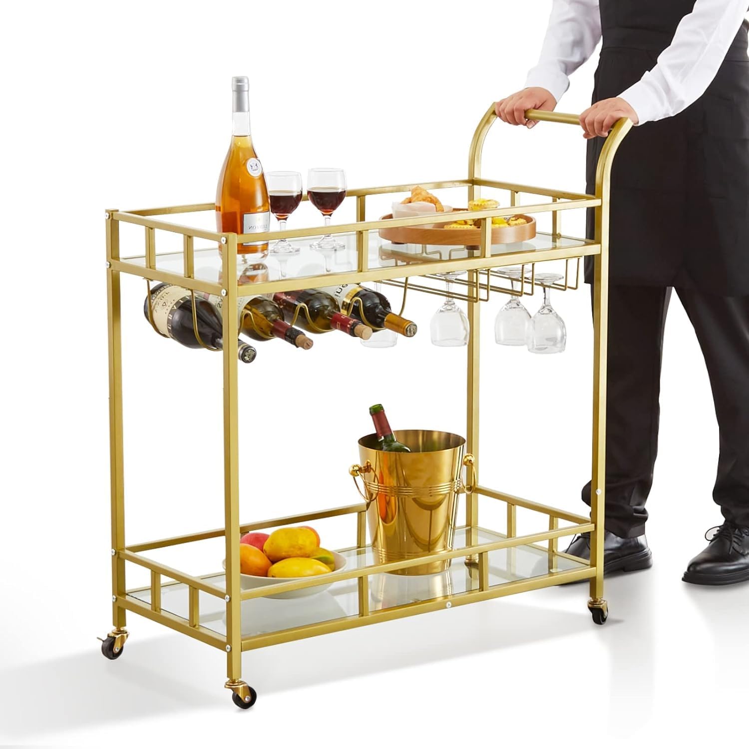 Bar Cart, Home Bar Serving Cart, 2 Tier Drink Cart with 9 Wine Bottle Racks, Liquor Beverage Cart for Kitchen Dining Living Room Outdoor, 35.82