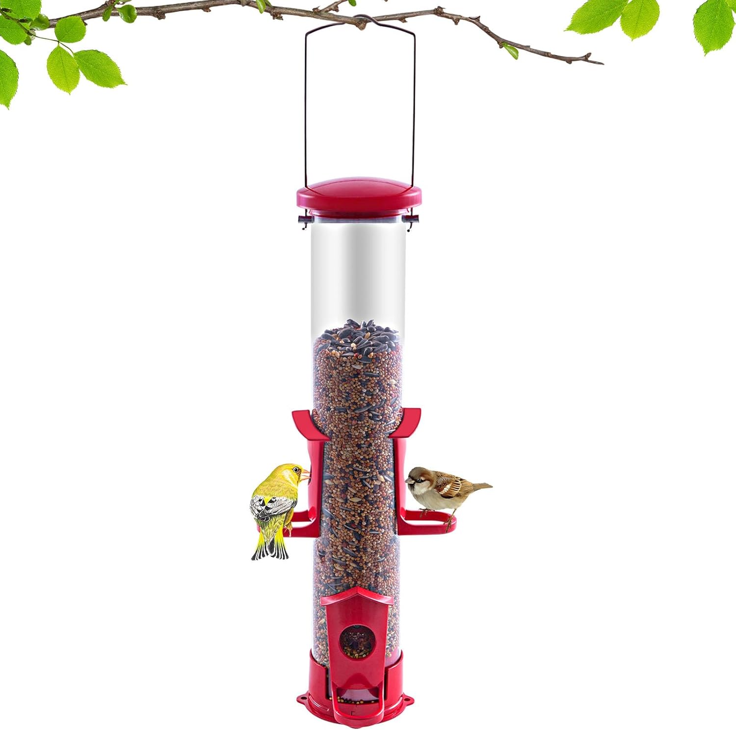 Finch Feeders for Outside Tuber Metal Bird Feeder with 4 Ports & U-Perches Chew & Rust-Proof, Removable Lid & Bottom, Easy Fill & Clean, Red Attracts More Wild Birds (2.2 lb,15 inches)