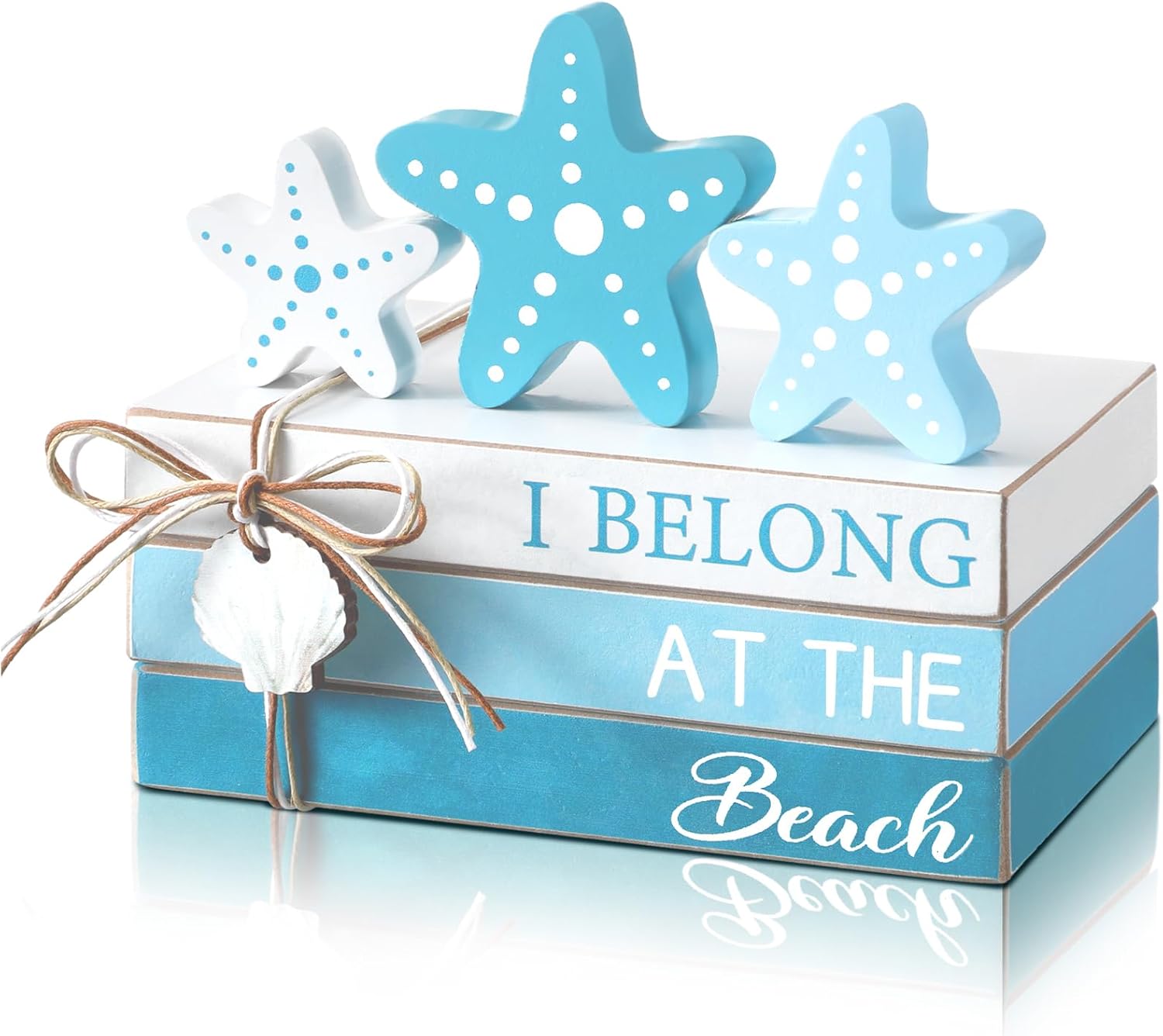 Starfish Beach Tiered Tray Starfish Table Decorations Blue Rustic Farmhouse Decor Starfish Shells Mini Wood Book Stacks Centerpiece for Summer Home Living Room Bedside