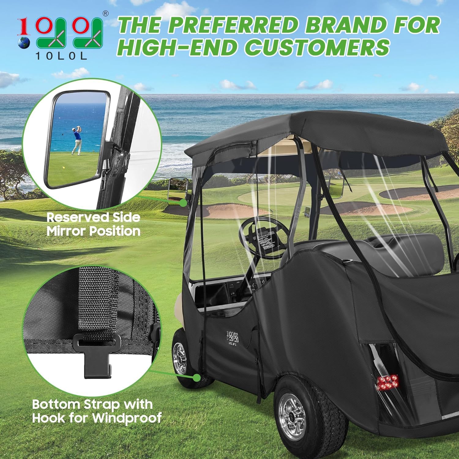 10L0L 4 Passenger Golf Cart Driving Enclosure Golf Cart Rain Weather Cover for Club Car DS Short Roof Waterproof Portable Drivable Travel 4-Sided Black/Transparent