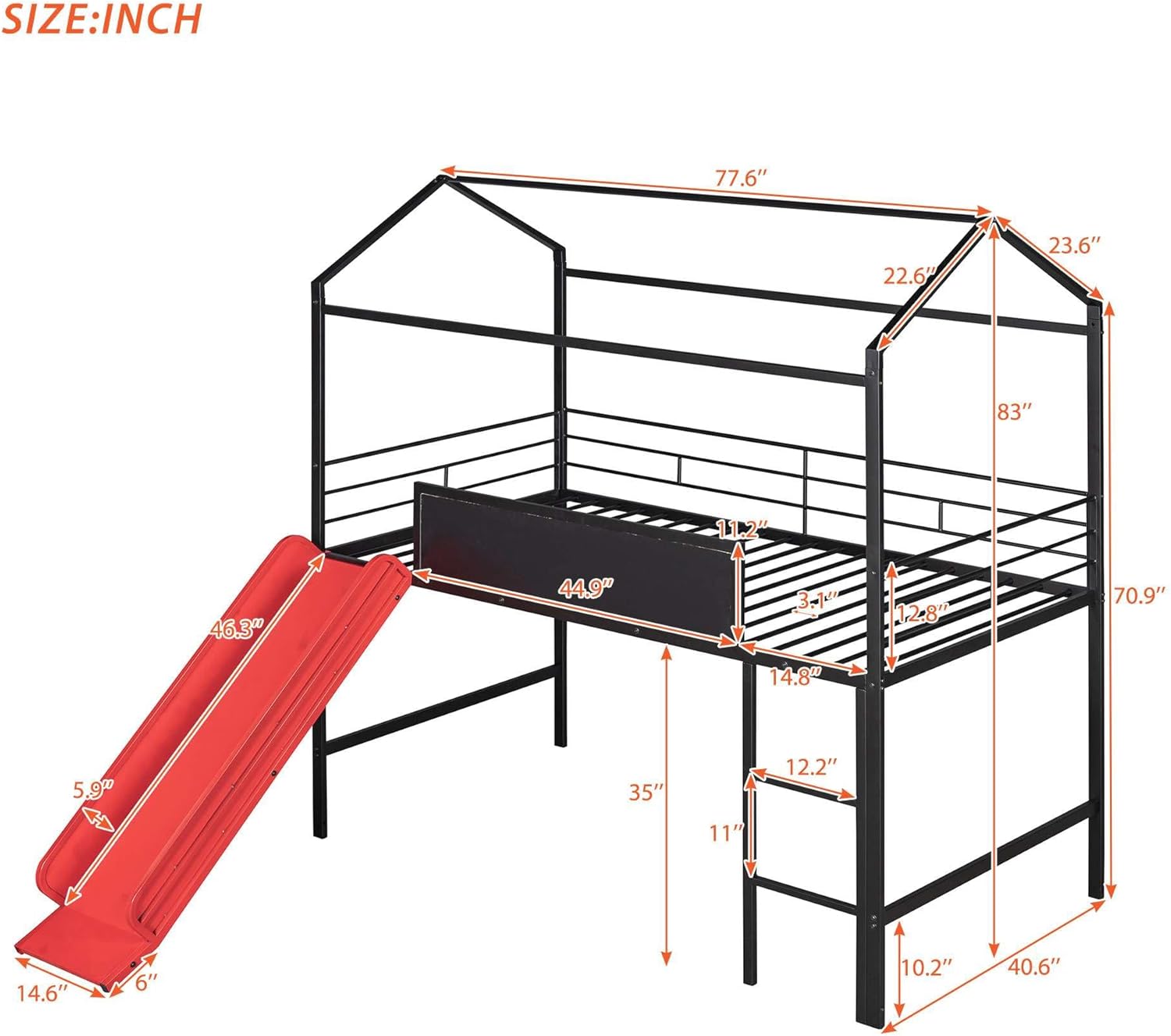 Adventure-Ready Twin Metal Loft Bed with Slide and Writable Wooden Boards in Black and Red - Create, Play, and Sleep in Style!