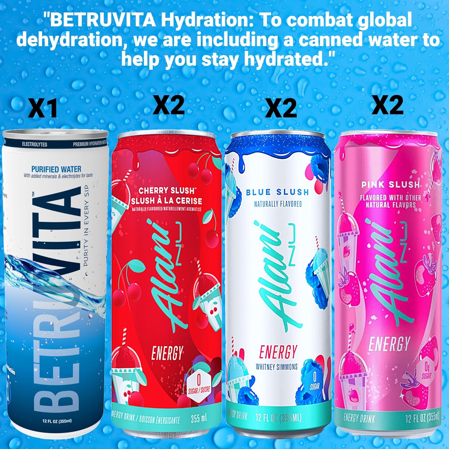 Alani Energy Drink | Pink, Cherry, and Blue Slush Flavors | Pre-Workout Energy Drinks | Gluten-Free, Vegan, Vitamins B6 and B12, Biotin | 12 fl oz Cans | Variety Pack of 6 | Plus One Canned Water for Hydration - Limited Edition