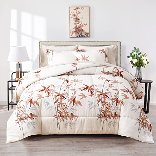 6 Pieces Bed in a Bag Twin Comforter Set with Sheets, Blue Flower Branch on White Botanical Bedding Sets for Kids (1 Comforter, 2 Pillow Shams, 1 Flat Sheet, 1 Fitted Sheet, 1 Pillowcases)