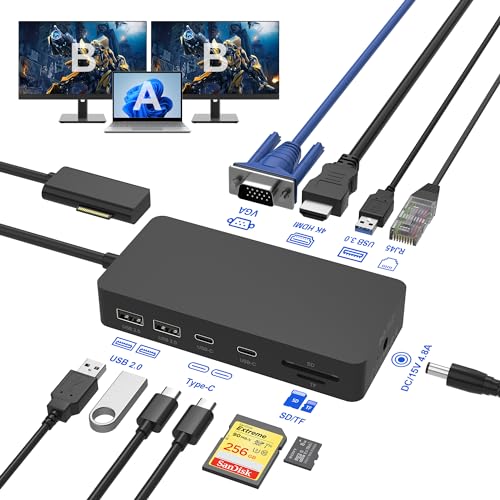 Surface Dock Triple Displays, 12-in-1 Microsoft Surface Docking Station with 2 HDMI+VGA+Ethernet for Surface Pro 10/9/8/X/7/6/5/4/3, Surface Laptop 5/4/3/2/1,Surface Laptop Go 3/2/1,Surface Book 3/2/1