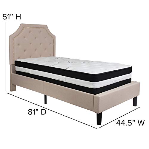 Flash Furniture Brighton Queen Size Tufted Upholstered Platform Bed in Beige Fabric with Pocket Spring Mattress
