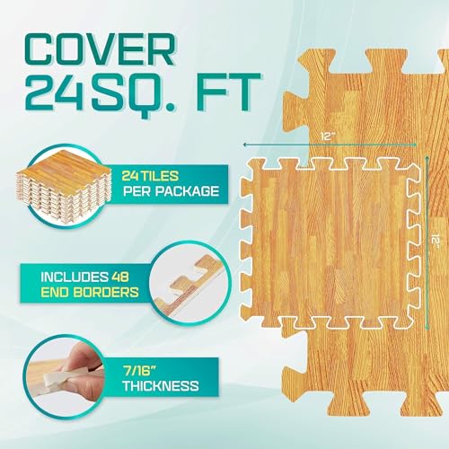 Yes4All Interlocking Floor Mats with Border â€“ Foam Floor Mats/Gym Floor Mats with EVA Interlocking Tiles (12 Square Feet â€“ Oak Wood Dark â€“ 12 Tiles), 12 Count (Pack of 1)