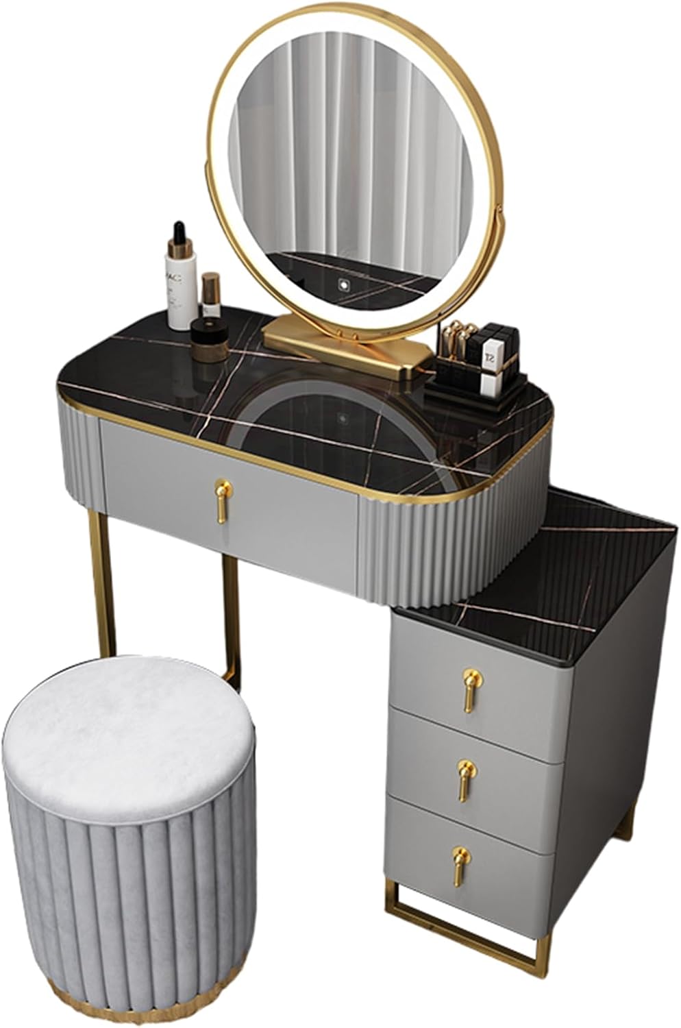 Small Vanity Desk Set with LED Smart Makeup Mirror, 3 Lighting Modes Adjustable Brightness, New Makeup Experience Dressing Table with Chair, Bedroom Vanity Table for Her