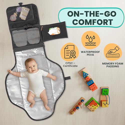Portable Changing Pad for Baby, Travel Diaper Changing Pad for Newborn, Large Waterproof Baby Changing Mat, Foldable & Detachable Diaper Changing Station with Baby Wipes Pockets, Baby Stuff by Pillani