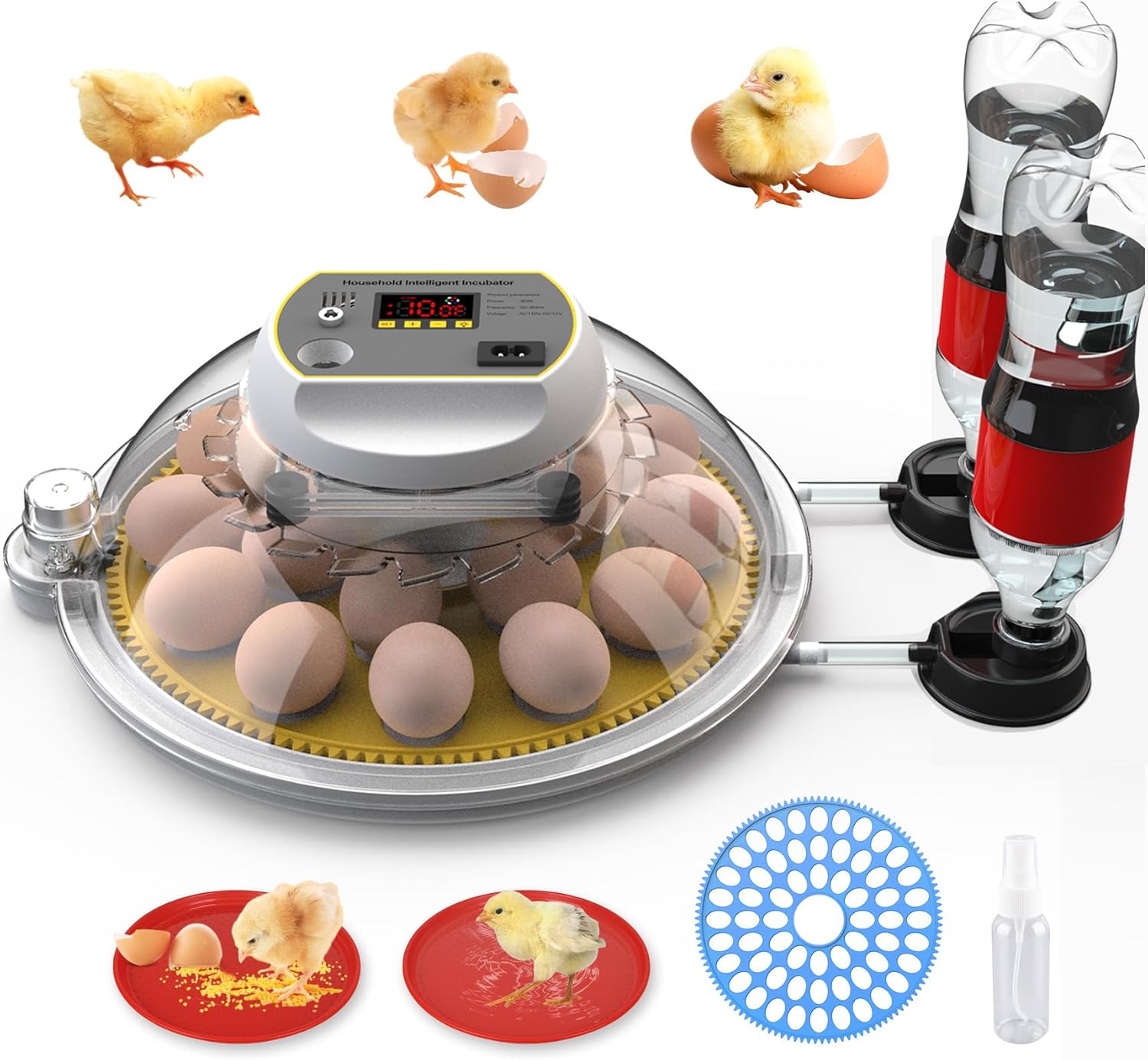 Incubators for Hatching Eggs, 18-60 Eggs Incubator with Automatic Egg Turning and Auto Water Adding with Egg Candle, Incubator for Chicken Eggs with 2 Egg Trays, 2 Feeding Plates