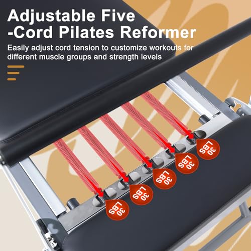 Foldable Pilates Reformer, Home Pilates Reformer Machine -Perfect for Tall People-5 Metal Resistance Springs-Up to 440 lbs Weight Capacity for Intermediate and Beginners Users