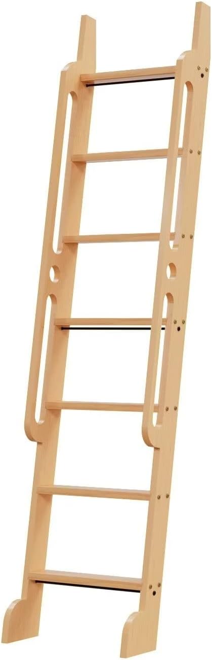 7 ft Rolling Library Ladder, Sturdy Wood Step and Build-in Handrail, Multi-use for Loft Stairs/Bookshelf, Red Oak (Total Length 86.7’’)