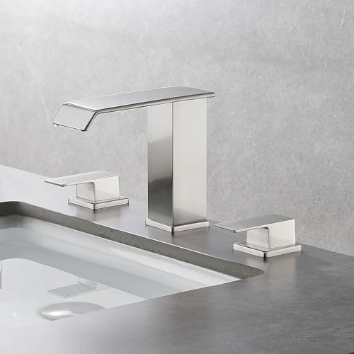 Waterfall Bathroom Faucet 3 Hole, Brushed Nickel 8 Inch Widespread Bathroom Faucets & Parts, Modern 3 Piece Bathroom Sink Faucet, Touch On Lavatory Faucet for Bathroom Vanity, Curved Spout