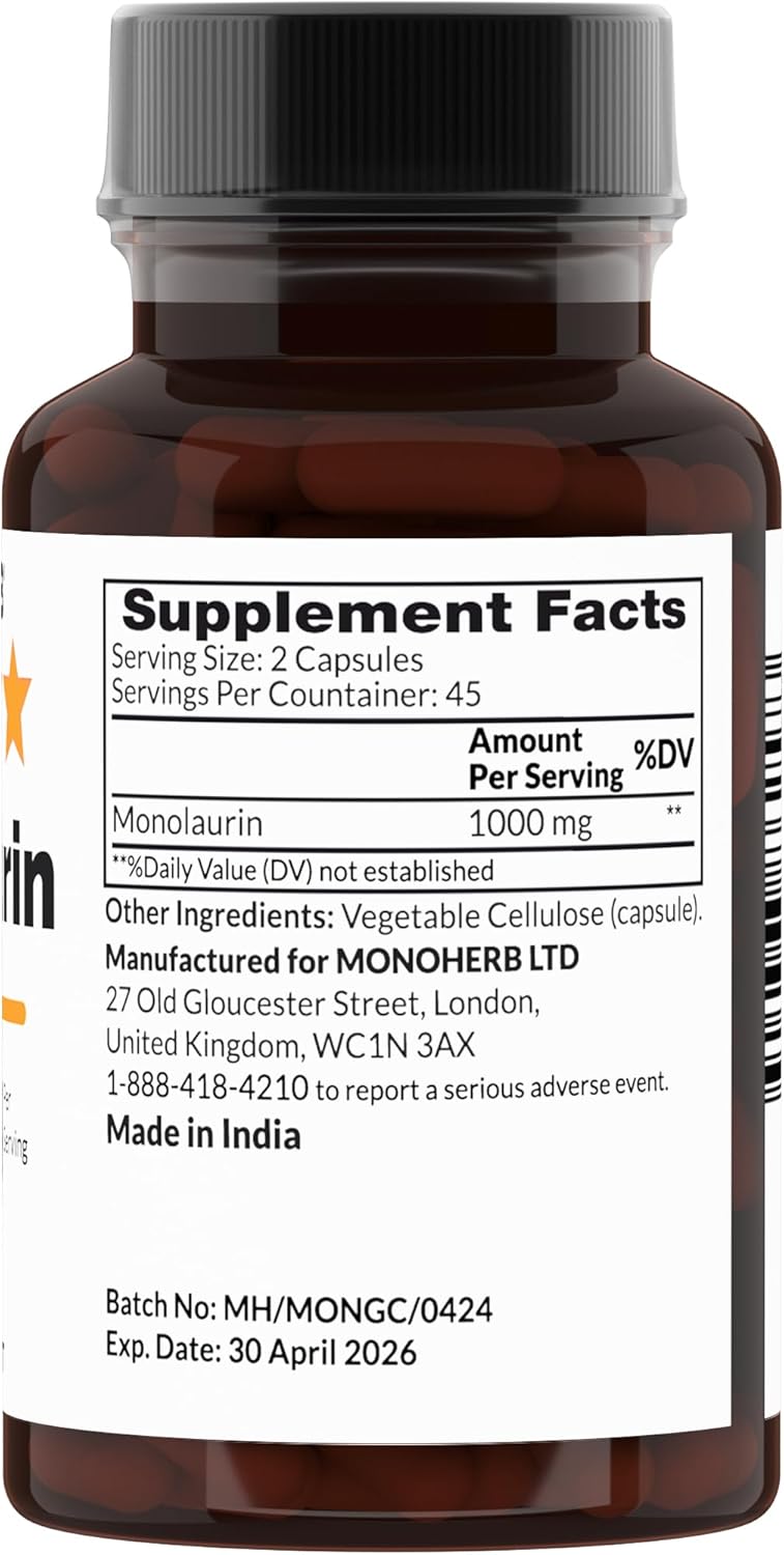 Monolaurin 1000 mg per Capsule - 90 Veg Capsules | Serving size 2 capsules: 1000 mg - 45 Servings