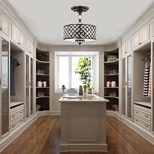 LaLuLa Flush Mount Chandelier Crystals Semi Flush Mount Ceiling Light Bronze Chandelier Lighting Small Drum Chandelier Antique 3 Light Flush Mount Light Fixtures Ceiling