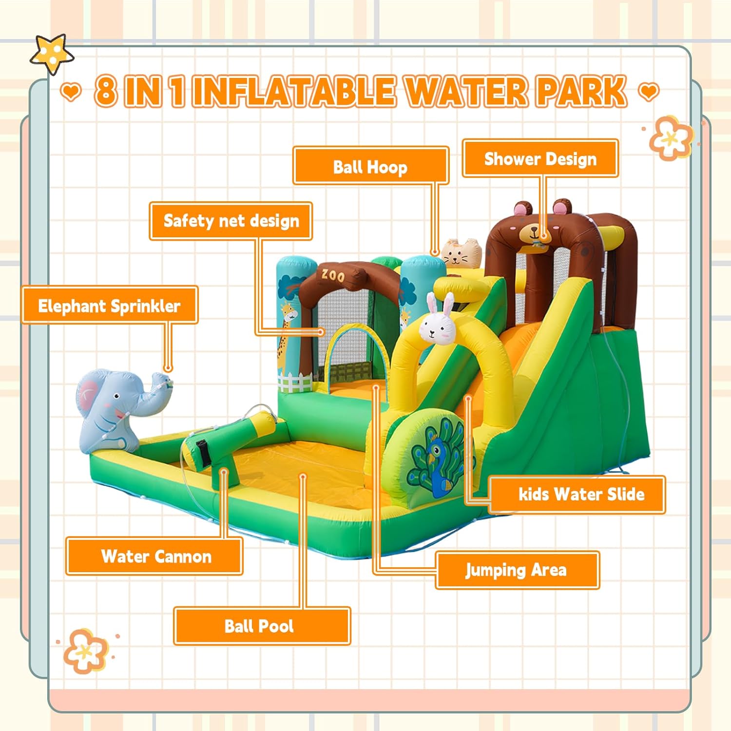 SunSports Inflatable Water Slide, Bounce House for Kids 3-6, Inflatable Water Park with Splash Pool, Jump House with Waterslide, Bouncy Castle for Wet and Dry