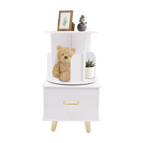 Rotating Night Stand with Bookshelf Side Table with Storage Round Nightstand for Small Space Modern Bedside Table with Drawer Corner End Table for Living Room Bedroom Study Room (Black)