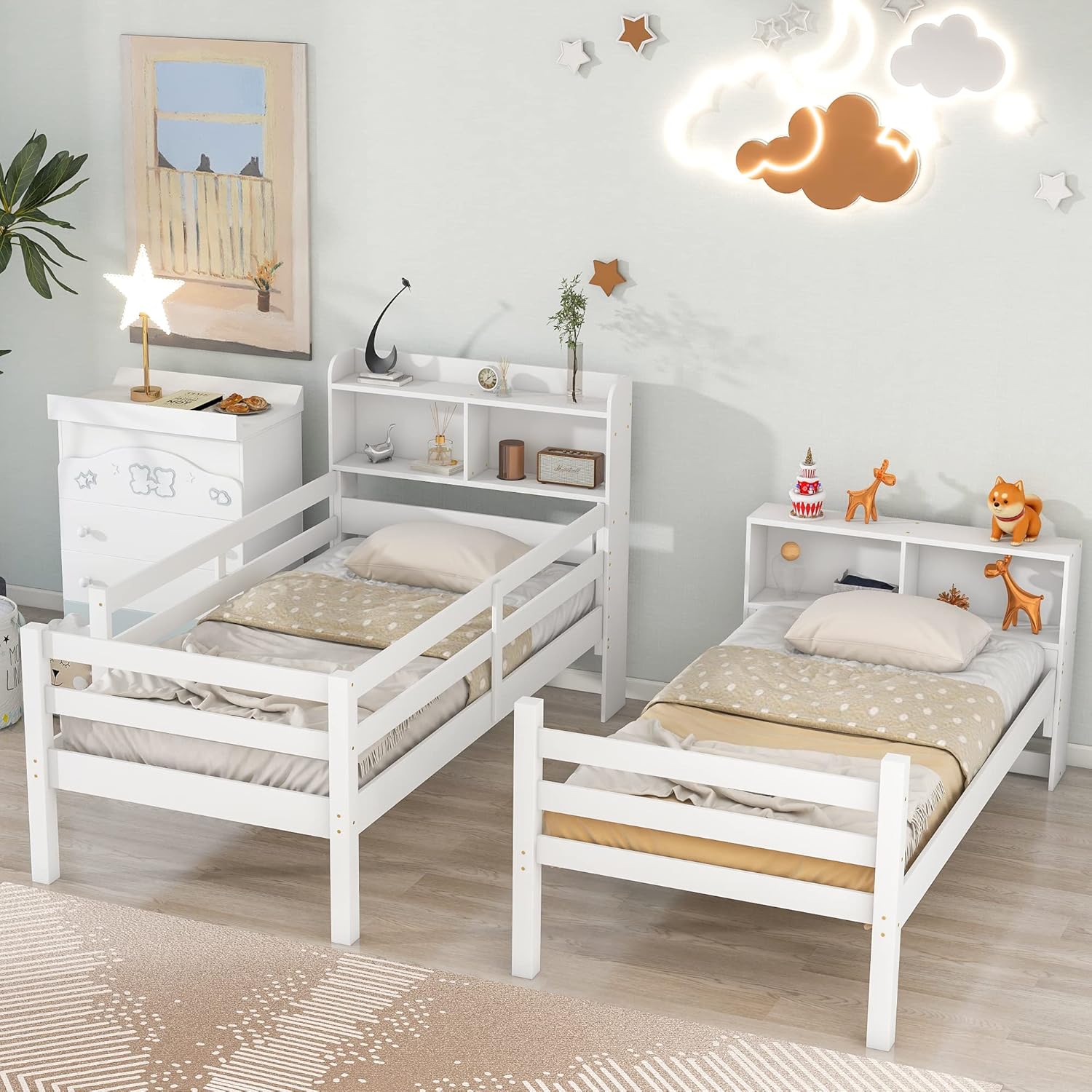 Twin Over Twin Bunk Beds with Bookcase Headboard, Solid Wood Bed Frame with Safety Rail and Ladder, Kids/Teens Bedroom, Guest Room Furniture, Can Be converted into 2 Beds, White