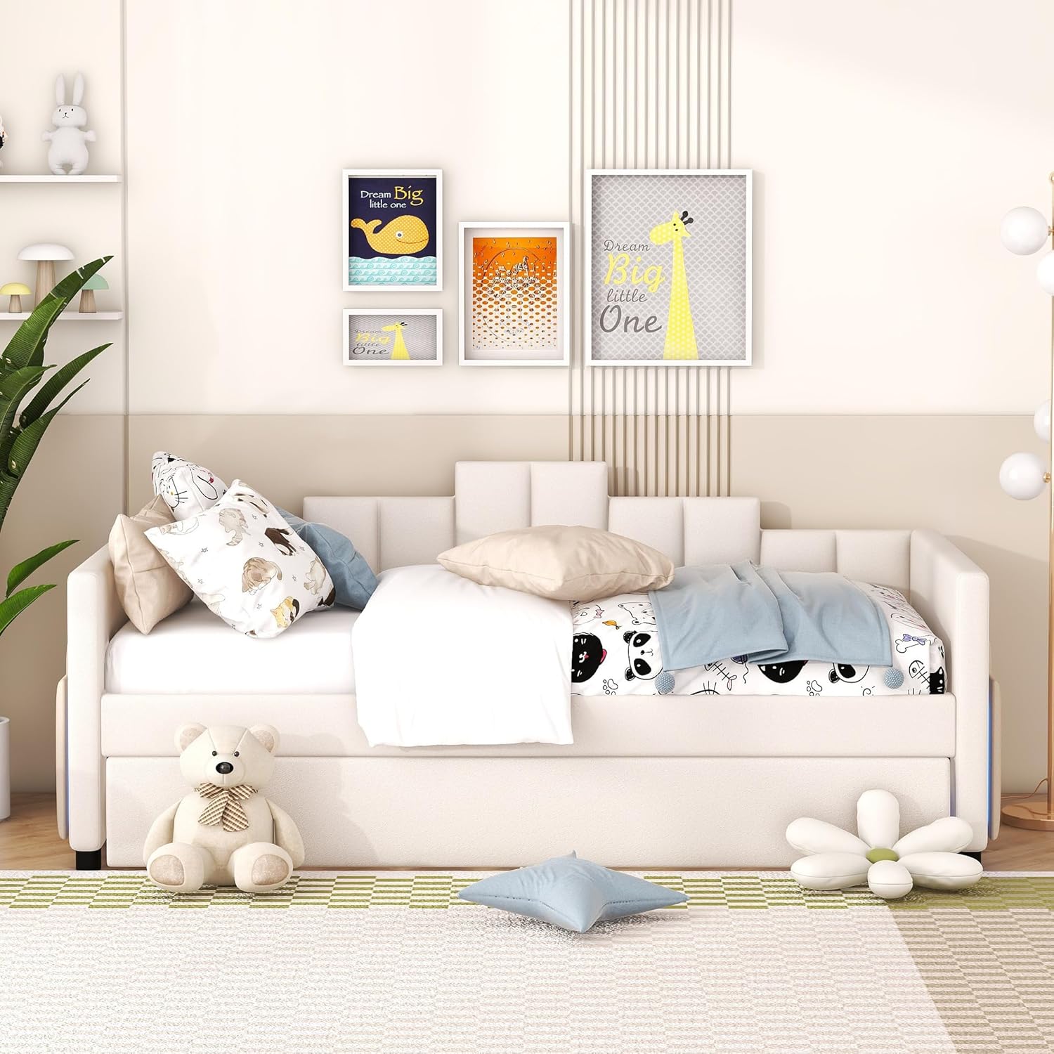 Twin Upholstered Daybed Size Trundle,Velvet Sofa Bed W/Light and USB Port,Furniture for Bedroom, Living, Guest Room,Small Apartment,Beige