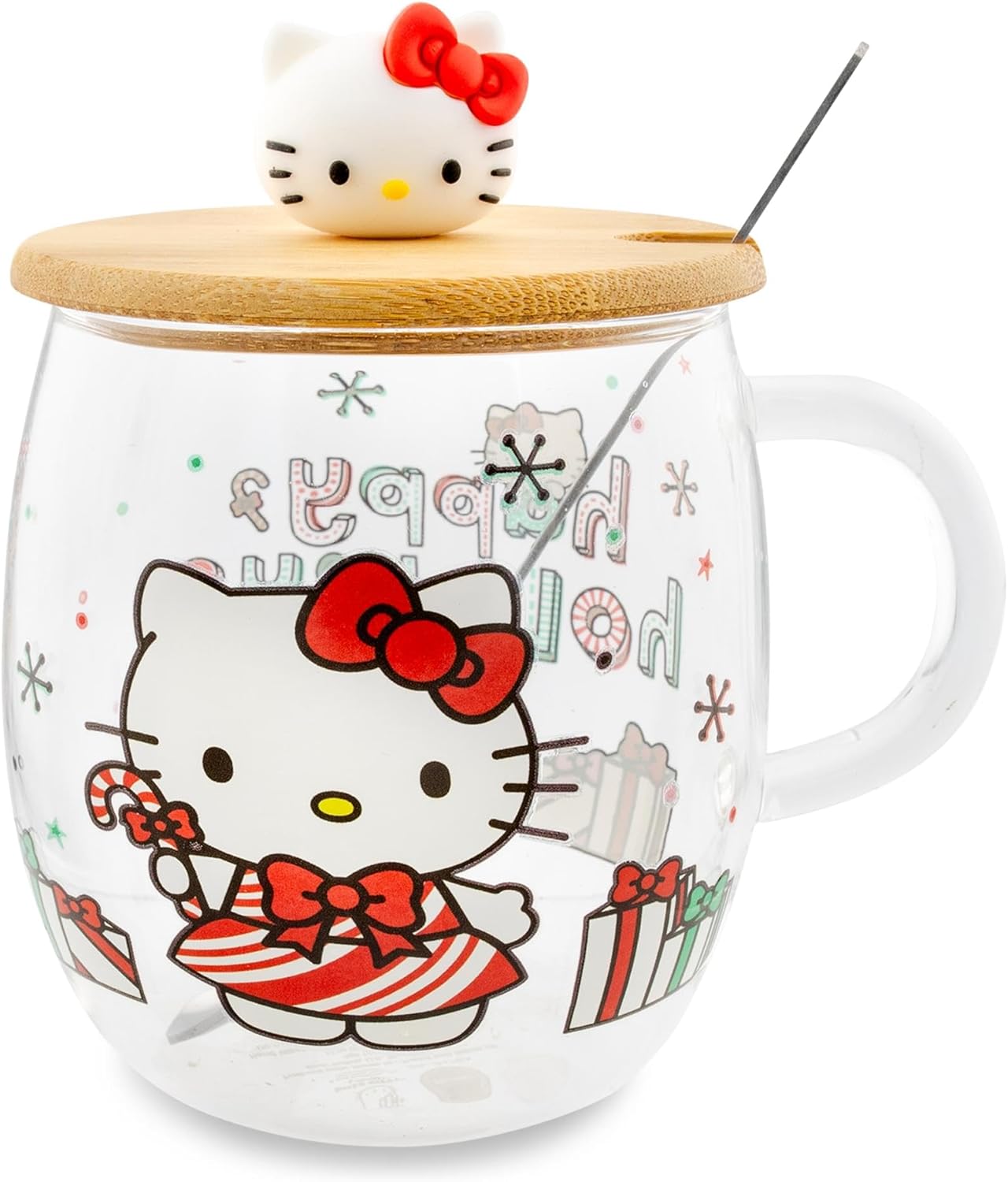 Silver Buffalo Sanrio Hello Kitty Holiday Glass Coffee Mug With Lid and Spoon | Clear Coffee Cup For Tea, Espresso, Cocoa | Holds 17 Ounces