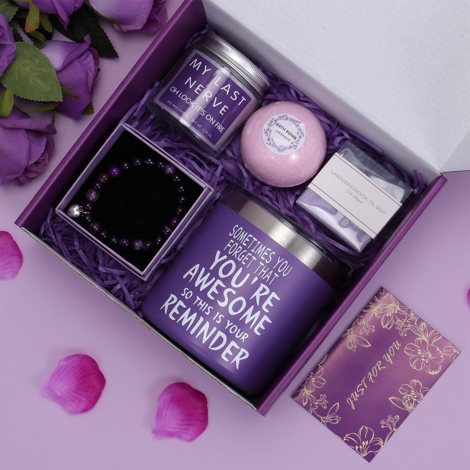 Birthday Gifts for Women, Gifts for Her Mom Wife Daughter Girlfriend Sister Bestie Female Best Friends, Lavender Relaxation Spa Gift Basket, Purple Gift Box Set