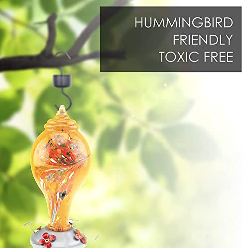 Hummingbird Feeder with Perch | Hand Blown Bulb Glass in Red | 34 Fluid Ounces Humming Bird Nectar Capacity with Hanging Metal Wires and Ant Moat Hook