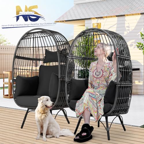 NICESOUL® Stationary Egg Chairs Indoor Outdoor 440 lbs, Egg Chairs Thicken Cushions Oversized, Large Boho Patio Adult Basket Chair PE Rattan Lounger Chair (Brown, 1 Pc)