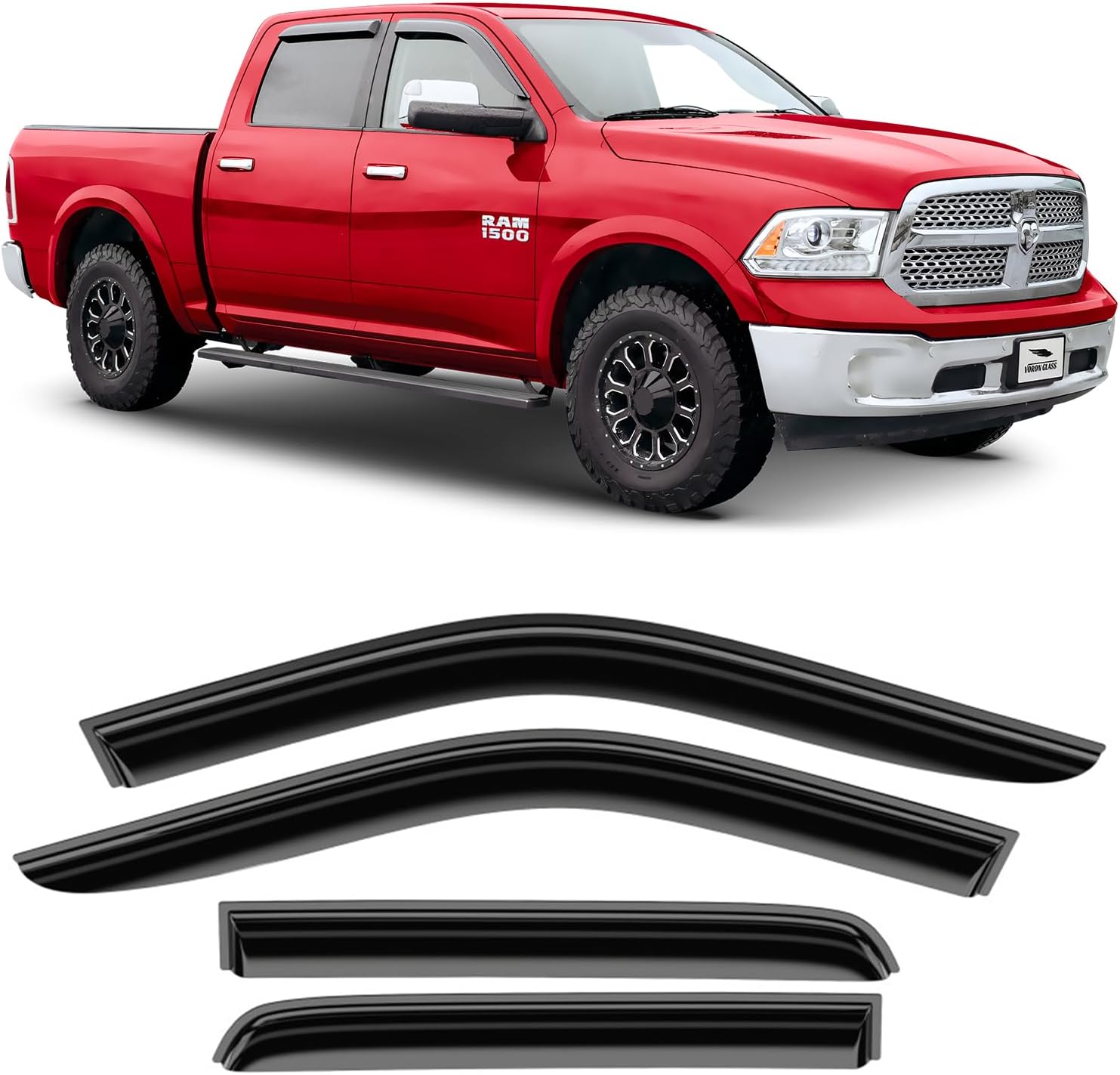 Voron Glass Tape-on Extra Durable Rain Guards for Trucks Dodge RAM 2009-2018 Crew Cab, Window Deflectors, Vent Window Visors, 4 Pieces - 100797