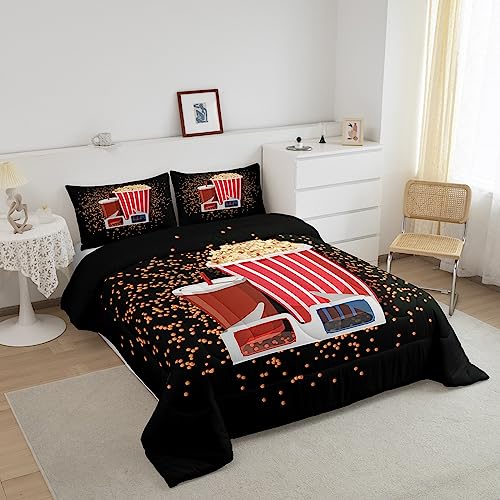 Movie Theater Decor Bedding Set King Size Movie Night Comforter Set for Kids Boys Girls Decor Cinema Comforter Old Fashion Home Theater Duvet Set Bedroom Quilt Set