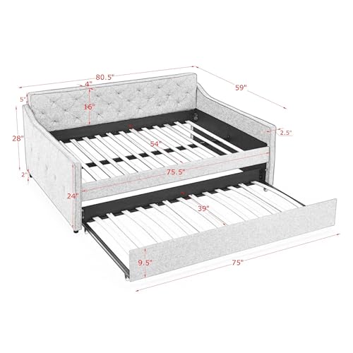 Flieks Twin Size Upholstered Tufted Daybed with Twin Size Trundle, Sofa Bed with Waved Shape Arms for Bedroom Living Room, No Need Boxing Spring Green