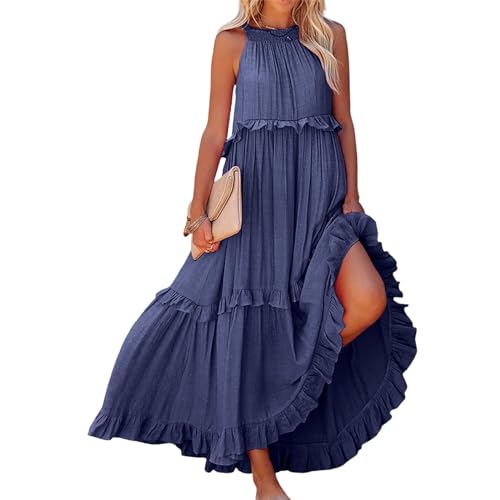 Summer Beach Dresses for Women 2024 Halter Tie Back Maxi Dress Long Tiered Ruffle Dress Sleeveless Flowy Boho Sundress