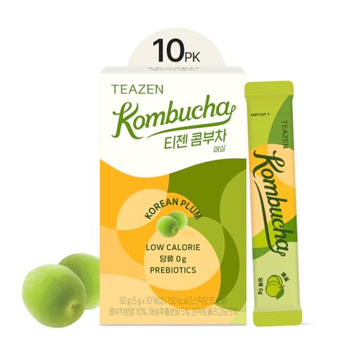 Teazen Kombucha Tea, Zero Sugar, Sparkling Fermented Powdered Mix Beverage from Korea, Live Probiotics & Prebiotics, 10 Sticks, 1.76oz (Berry)