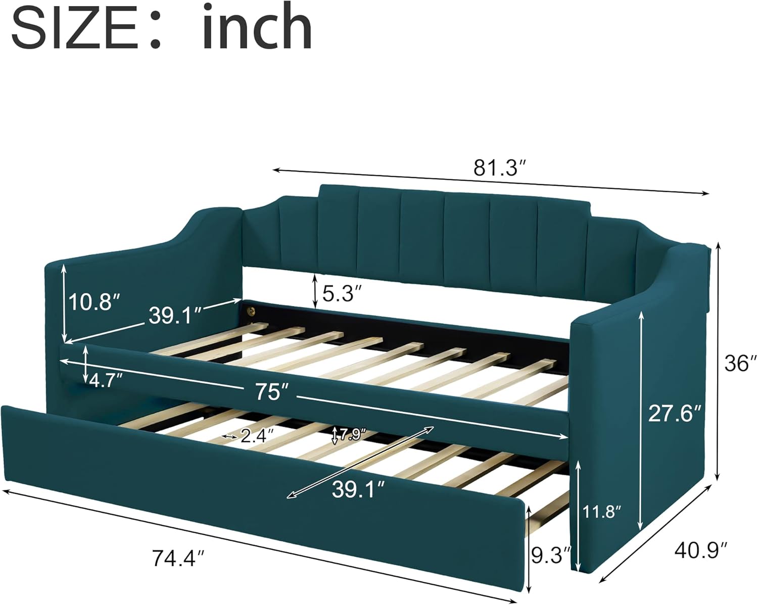 Twin Upholstered Daybed with Trundle Modern Sofa Bed Wooden Day Bed Frame for Living Room Bedroom Guest Room, Twin Size, Green