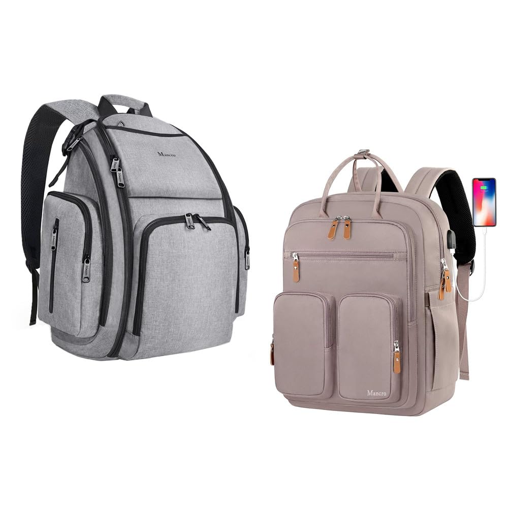 Mancro Diaper Bag Backpack, Multifunction Travel Backpack Waterproof Baby Bags, Large Capacity Changing Bag for Mom with USB Charging Port, Insulated Pockets, Changing Pad Stroller Straps