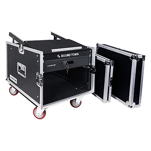 Sound Town 14U PA DJ Pro Audio Rack/Road ATA Case with 11U Slant Mixer Top, Locking Drawer, 20’’ Rackable Depth and Casters (STMR-14D3)
