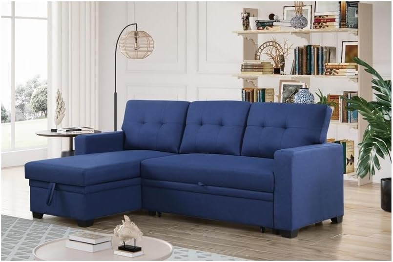 Devion Furniture Polyester Fabric Reversible Sleeper Sectional Sofa-Blue
