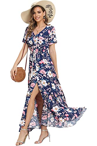 Women's Floral Maxi Dresses Casual Long Summer Boho Beach Dress Short Sleeve Button Up Split Party Dress