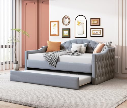 Twin Size Daybed with Trundle, Velvet Tufted Day Bed Frame with 2 USB Charging Ports, No Box Spring Needed, Upholstered Sofa Bed with Roll-out Trundle for Bedroom, Living Room, Guest Room, Pink