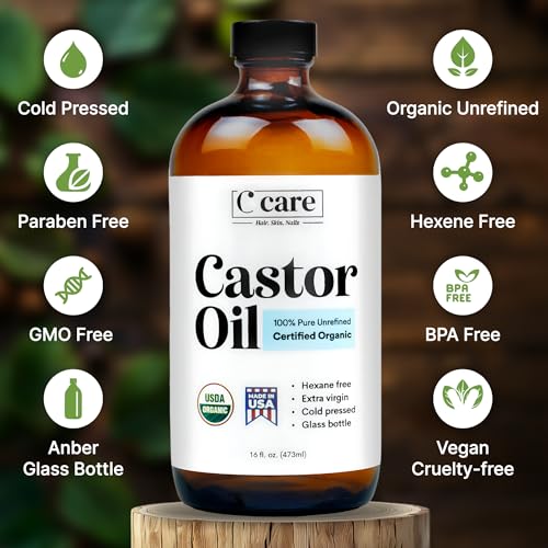 Castor Oil Organic Cold Pressed Unrefined Glass Bottle Hexane Free Extra Virgin USDA Certified 100% Pure Organic Castor Oil for Hair Growth Eyebrows Eyelashes Skin Use with Castor Oil Pack Wrap 32oz