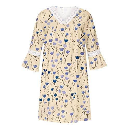 Summer Dresses for Women 2023 Fashion Fresh Printed V-Neck 3/4 Sleeves Mini Dress Casual Elegant Boho Beach Sundress