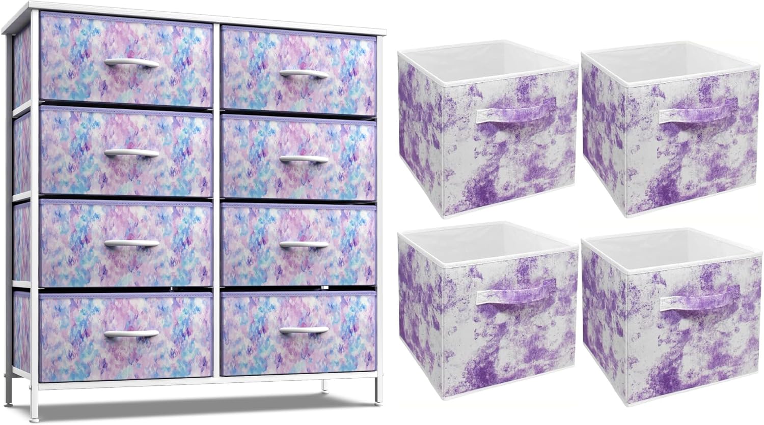 Sorbus Tie Dye Dresser with 10 Drawers + 11 Inch Purple Tie Dye Cube Storage Bins (4 Pack) Bundle - Matching Set - Storage Unit Organizers for Clothing - Bedroom, Closet, Office Organization
