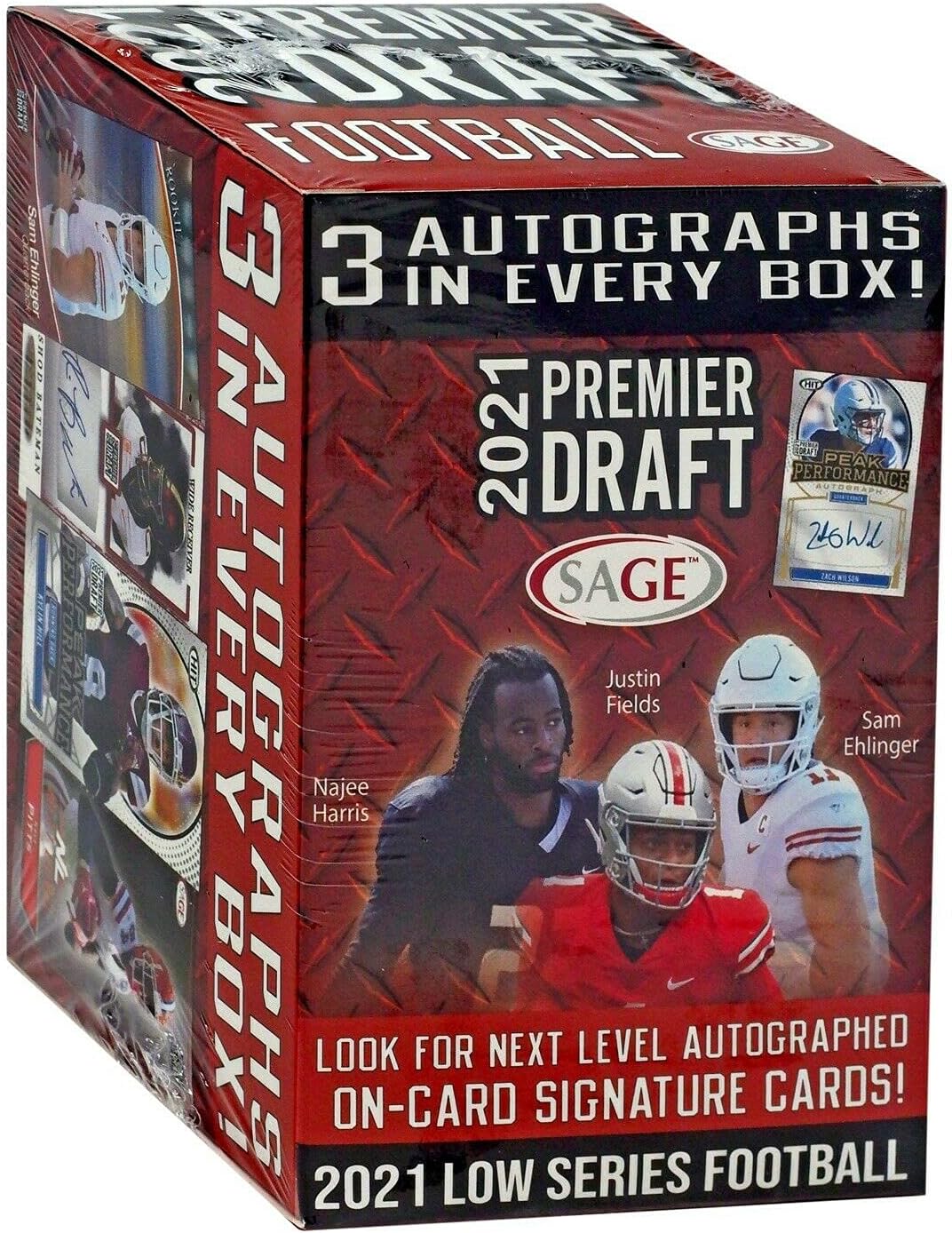 2021 SAGE Hit Premier Draft Low Series Football BLASTER box (63 cards/bx incl. THREE Autograph cards)