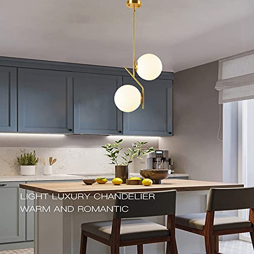 4 Lights Modern Globe Pendant Light Fixture Mid Century Chandelier G9 Bulb Brushed Brass Finished White Globe Glass Shade Dining Kitchen Living Room Lighting (Gold)