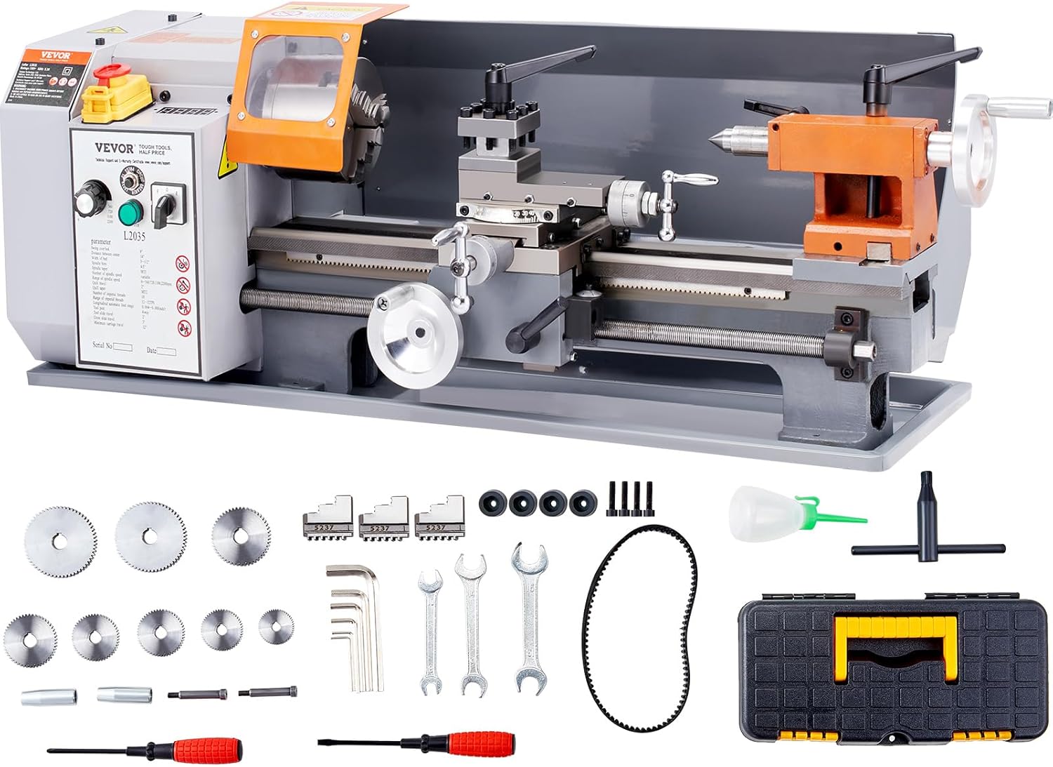 VEVOR Metal Lathe Machine, 7.87'' x 13.78'', Precision Benchtop Power Metal Lathe, 50-2500 RPM Continuously Variable Speed, 500W Brush Motor Metal Gears, with Tool Box for Processing Precision Parts